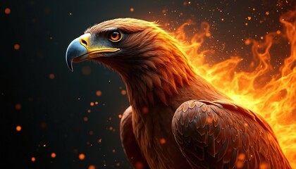Majestic fire eagle with fiery plumage on black background. Concept of powerful predator, rising phoenix or hawk in flames. Ideal illustration for strength, freedom, fantasy themes.
