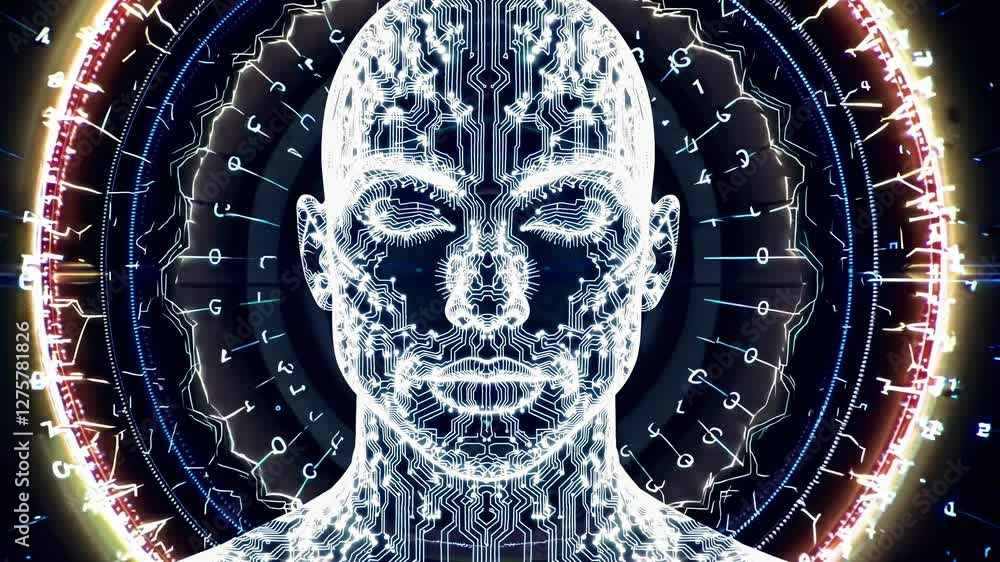 Poster futuristic digital face with circuit patterns, viewed head-on. binary code surrounds, creating a sci