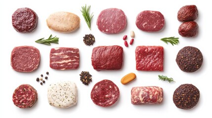 Naklejka premium Assorted raw meat cuts displayed on a white background, showcasing various textures and shapes
