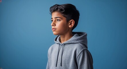 Obraz premium Hispanic boy in plain blue background wearing a gray hoodie young teen side view portrait