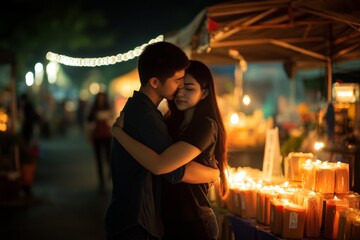 Young couple embraces in a candlelit market at night, surrounded by warm lights and soft glow