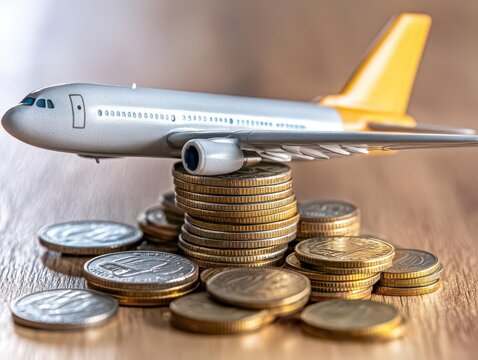 A model airplane sits on a stack of coins, symbolizing travel expenses and financial planning in a modern travel environment