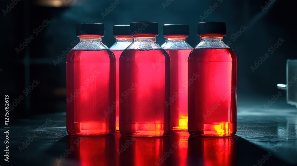 Poster five vibrant bottles filled with red liquid, illuminated in a misty laboratory setting
