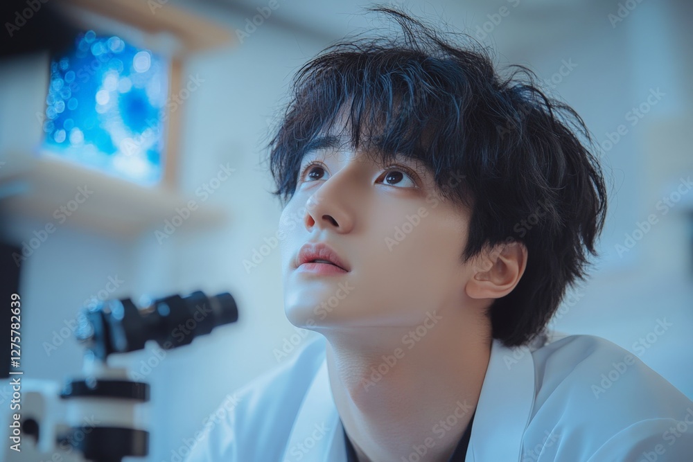 Poster Young scientist observing through a microscope in a lab setting during a research experiment