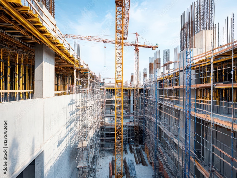 Aufkleber construction site featuring a crane scaffolding and workers during a sunny day in an urban environme