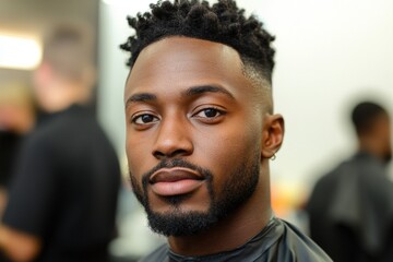 Fototapeta premium Stylish haircut session at a modern barbershop showcasing a confident young man with a fresh look