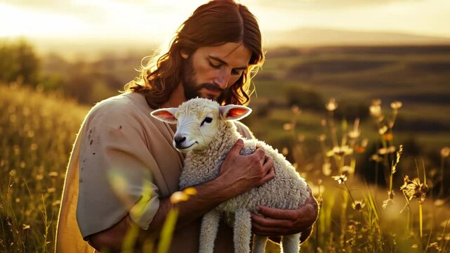 A tranquil dawn scene featuring Jesus gently holding a lamb in a lush meadow.