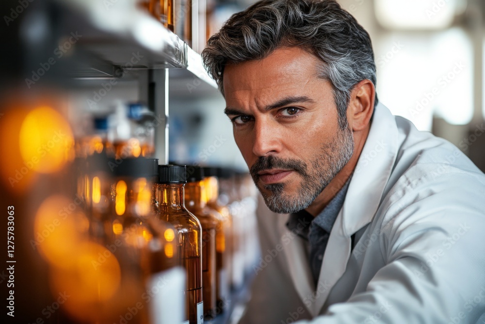Poster research scientist examines samples in a laboratory filled with amber bottles during the day