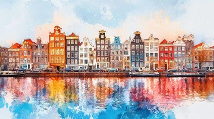 Fototapeta premium Colorful Dutch Buildings Reflected in Amsterdam Canals at Sunset