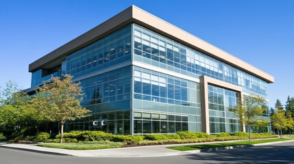 Modern glass office building, sunny day, landscaped grounds, corporate use
