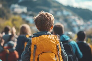 Group of children hiking in a mountainous area with vibrant nature views and bright backpacks during a clear day