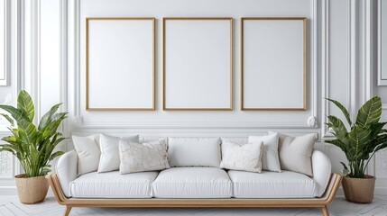 Stylish Living Room with Three Blank Frames and Green Plants