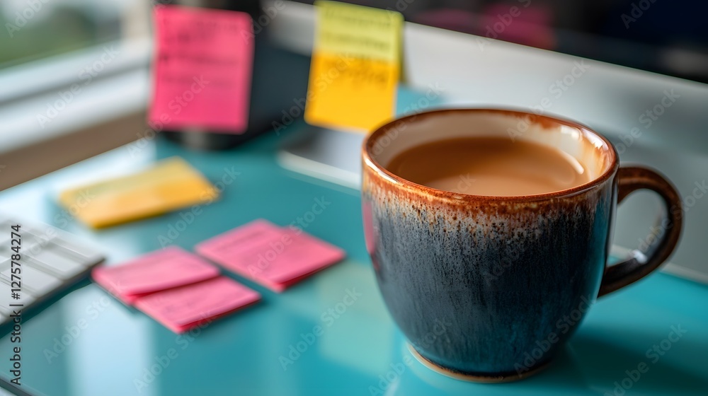Poster cozy and organized work from home office setup with a cup of coffee and colorful sticky notes attach