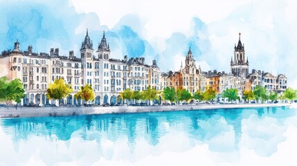 Obraz premium Serene Waterfront View of Historic Architecture in Colorful Watercolor