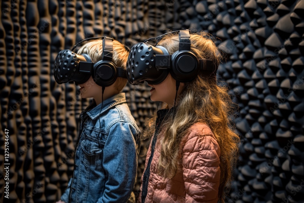Poster two children engage in virtual reality experience in a soundproof room with textured walls during af