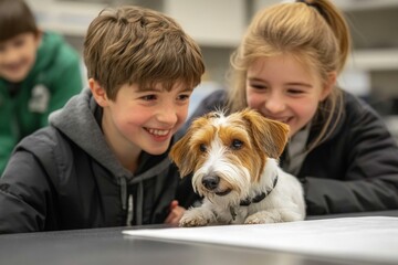 Children interact and bond with a small dog during a playful session in a classroom environment