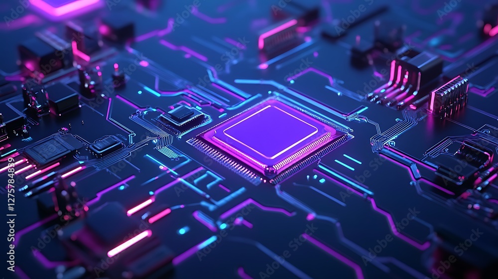 Poster close up of a glowing computer chip on a circuit board.