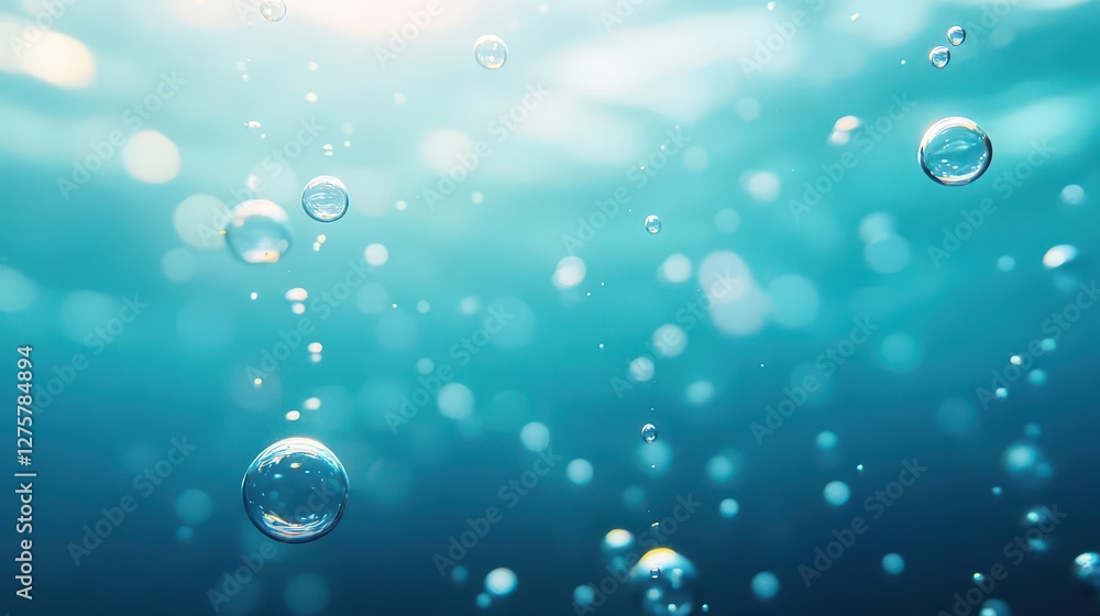 Poster water bubbles floating in the air with a clear blue background and soft lighting effects