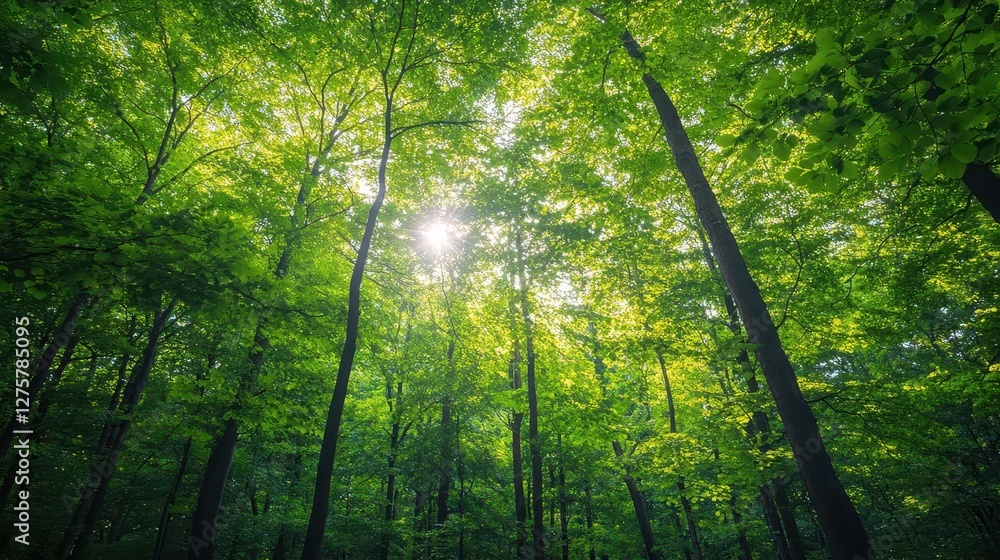 Aufkleber a serene forest scene with lush green trees, sunlight filtering through the leaves, creating dappled