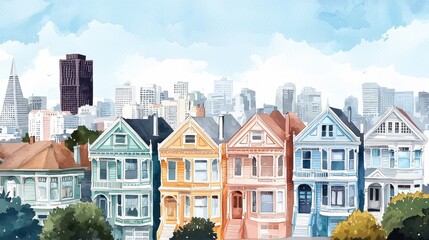 Obraz premium Colorful Victorian Houses with Urban Skyline in Background