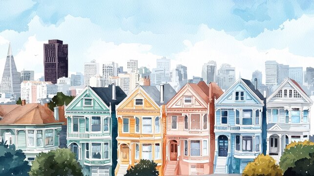 Colorful Victorian Houses with Urban Skyline in Background - Powered by Adobe