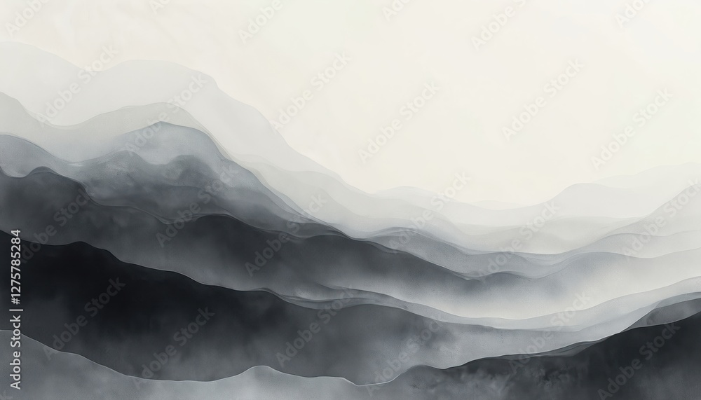 Poster Monochrome abstract design with fluid lines, undefined forms in shades of gray evokes sense of unknown. Minimalist surreal texture maintains simplicity, focus. Blurred background. Elegant wallpaper.