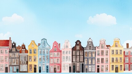 Fototapeta premium Colorful Row of Dutch Houses Under a Clear Blue Sky