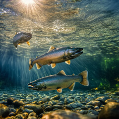 A breathtaking underwater photograph captures salmon migrating through a pristine river.