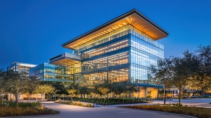 Modern office building twilight cityscape, landscaped grounds