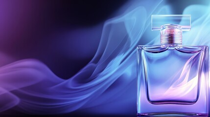 Elegant perfume bottle surrounded by soft, colorful smoke on a gradient background