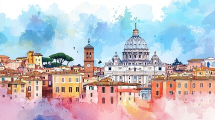 Fototapeta premium Vibrant Watercolor Cityscape of Vatican City with Colorful Buildings