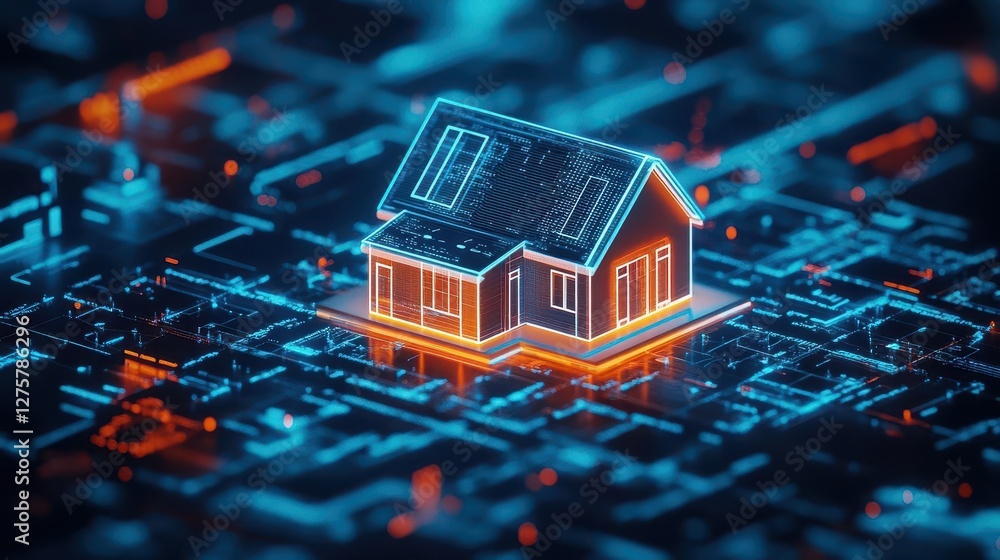 Poster House on a circuit with electrical components and circuit board in the background