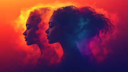 Silhouettes of Two Profiles Against a Swirling Colorful Backdrop

