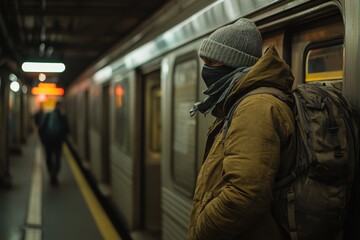 Man waiting at subway station during winter evening, wearing warm clothing and a backpack