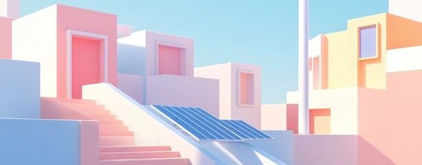 Pastel Modern Building with Solar Panel and Stairs Clean Architectural Design