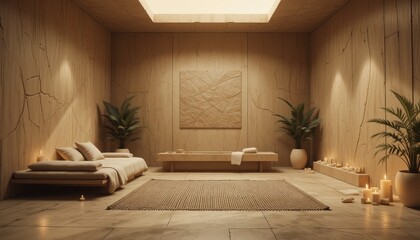 Serene Minimalist Spa Room Interior Design with Wooden Platform Bed and Candles