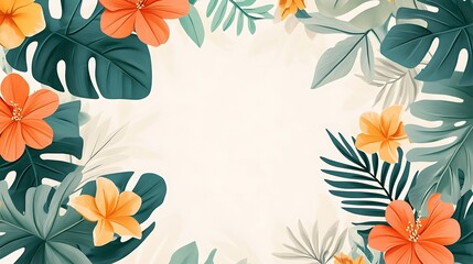 Tropical flower & leaf border design, for background use