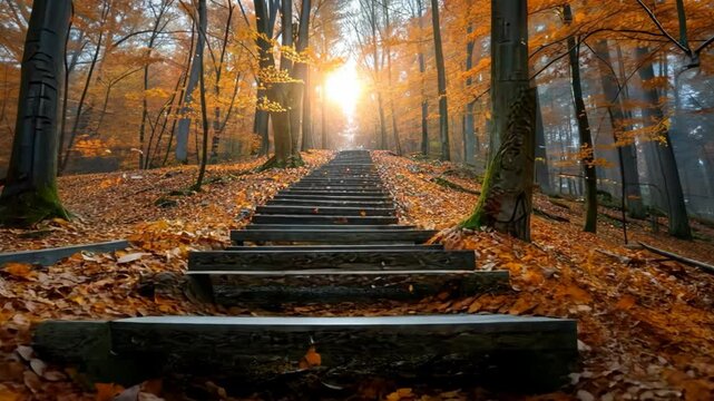 a long step nature trail with sunlight ray with autumn leaf beautiful nature path