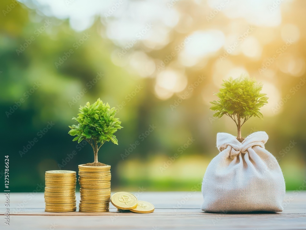 Poster bag of coins with a small tree growing on top isolated on a white background
