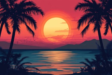 Tropical sunset beach scene, palm trees, ocean, mountains, travel postcard
