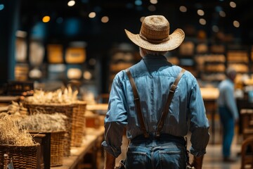 Farmer exploring a rustic market filled with handmade goods and agricultural products in the evening light