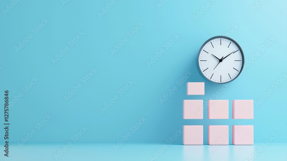 Poster successful project management timeline concept. blue background with a clock and pink blocks arrange