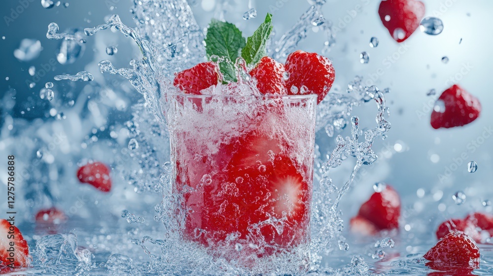 Poster refreshing beverage splashes with strawberries and mint in a vibrant, dynamic setting