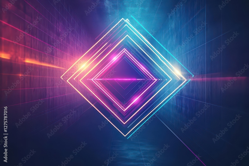 Poster a striking geometric figure illuminated by neon lights, set against a dark tunnel, with vibrant lase