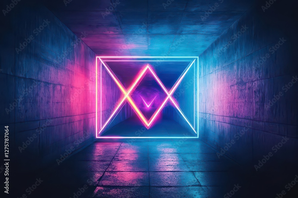 Poster neon sign glowing in a dark tunnel with illuminated walls and shadows creating a dramatic atmosphere