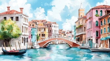 Fototapeta premium Vibrant Watercolor View of Canal and Colorful Buildings in Venice