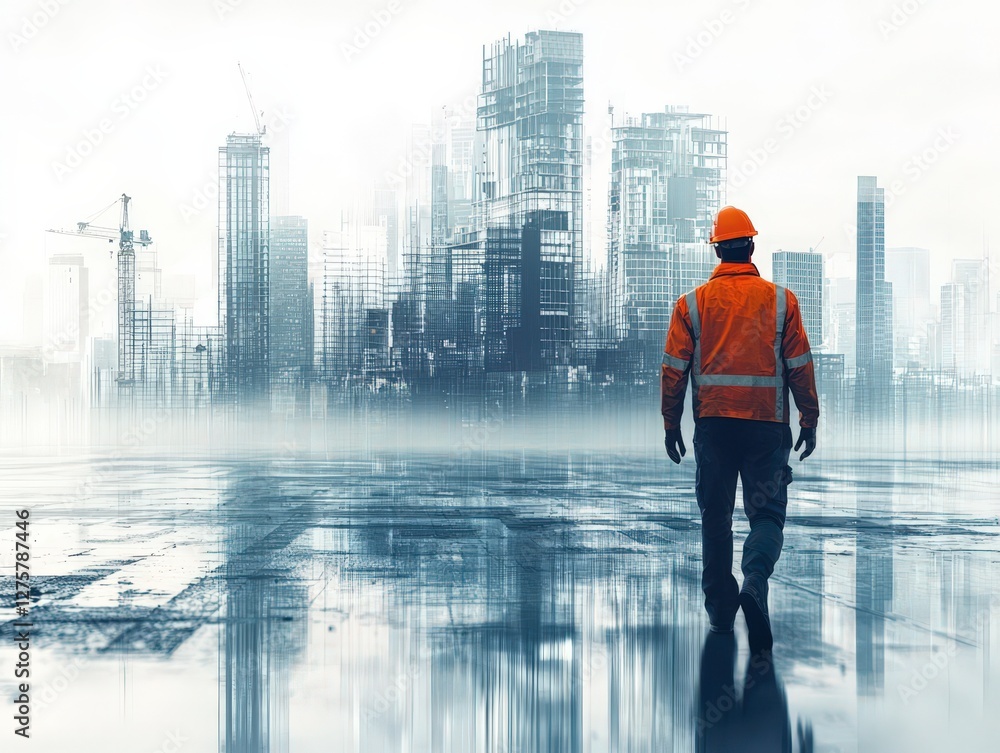 Fototapete 3d rendering of abstract building construction worker planning with 3d buildings in background conce