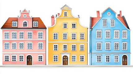 Fototapeta premium Colorful Facades of Three Charming Houses on a White Background