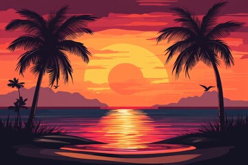 Tropical sunset beach palm trees ocean silhouette