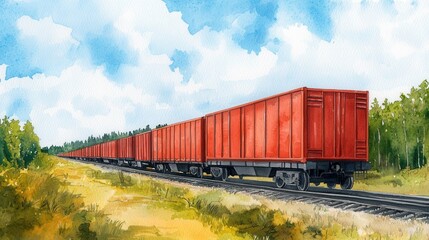 Obraz premium Vibrant Red Cargo Train Cars on a Scenic Railway Track Landscape